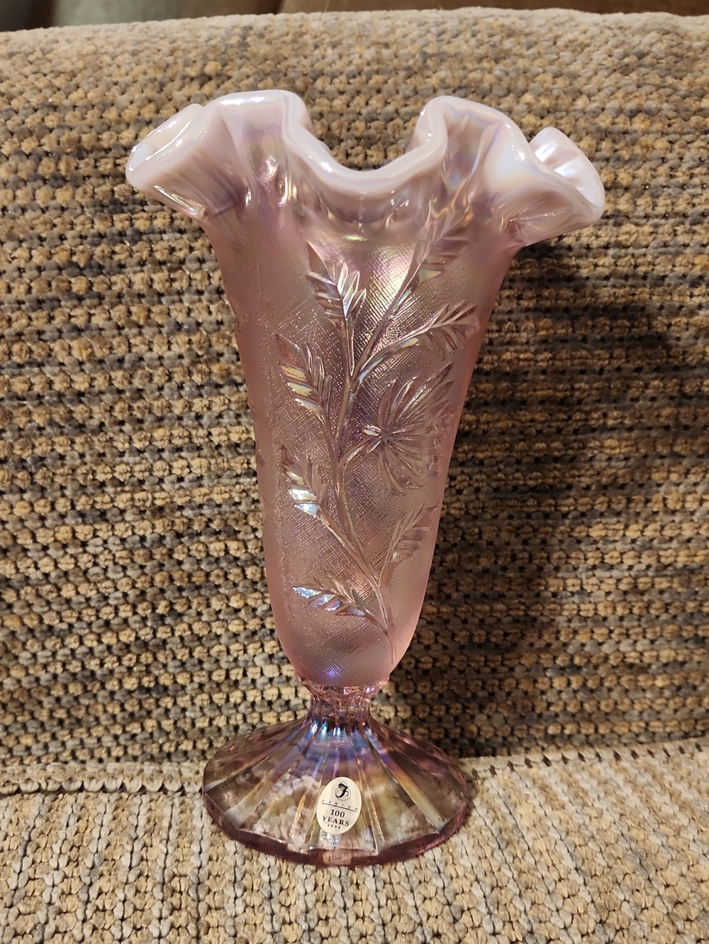 Fenton 100 Years 2005 Pink Iridescent Carnival Glass Ruffled Floral Vase